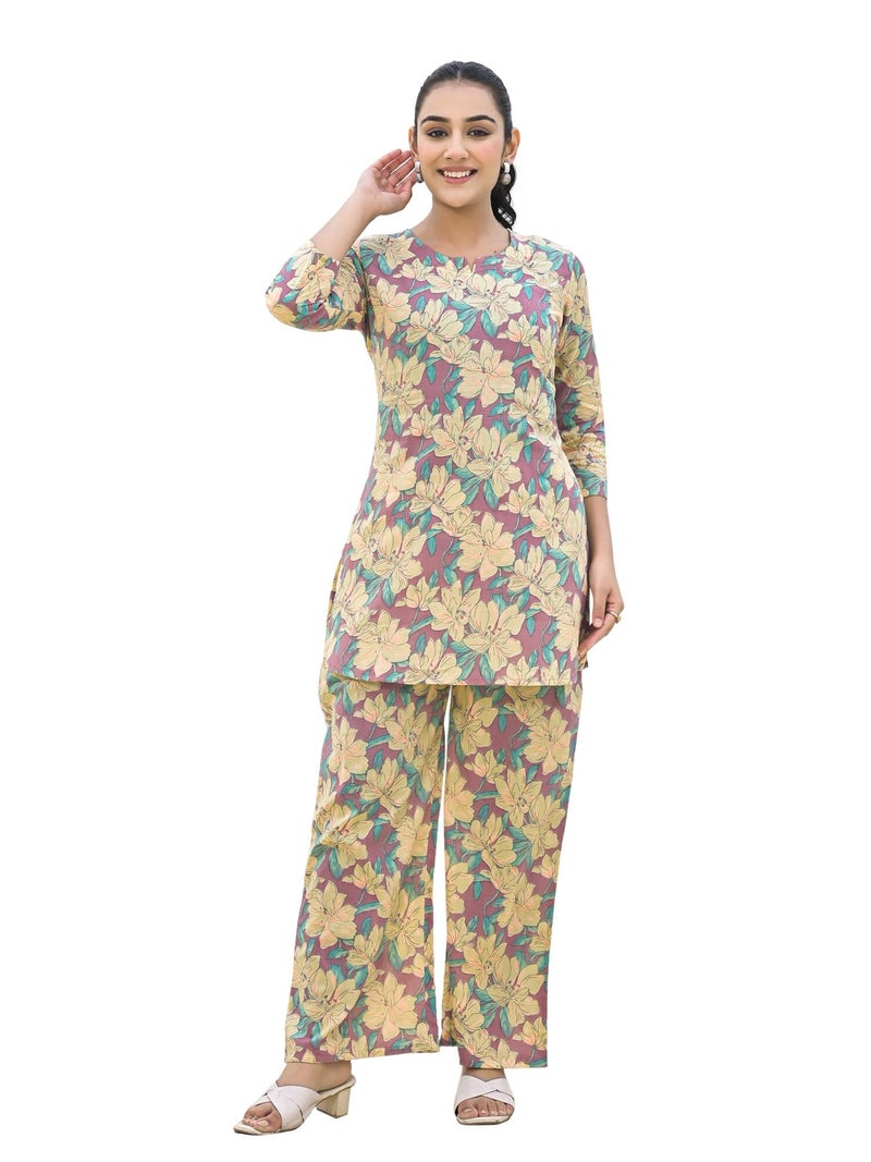 SHIFORY Purple Cotton Kurti Palazzo Set for Women, 3/4 Sleeves, Round Neck, Printed Casual Straight Fit Co-ord Set, Comfortable & Stylish - Image 1
