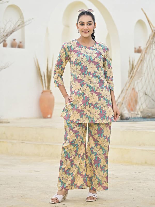 SHIFORY Purple Cotton Kurti Palazzo Set for Women, 3/4 Sleeves, Round Neck, Printed Casual Straight Fit Co-ord Set, Comfortable & Stylish - Image 5