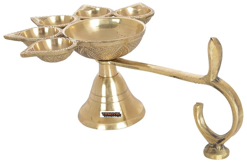 YASHVIN || Metal Brass Panch Aarti Lamp Pancharti Diya Oil Lamp Puja Aarti Diya Panch Mukhi Aarti Deepak Oil Lamp Puja Accessory for Gifting and Religious Purpose 5 Face Brass Diya Lamp || SHM25 - Image 3