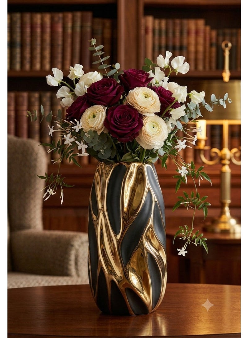 Luxury Black & Gold Ceramic Flower Vase ,Modern Abstract Fluid Wave Design Table Centerpiece for Living Room & Home Decor