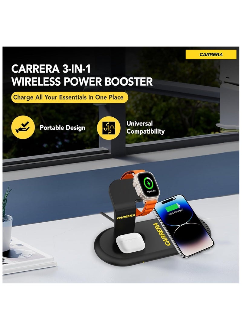 CARRERA 3 in 1 Wireless Charger Stand CWC-233, 15W Fast Charging for Phone, 5W for Earbud, 2.5W for Watch, Type C Cable Included, Multi-Device Compatible - Image 2
