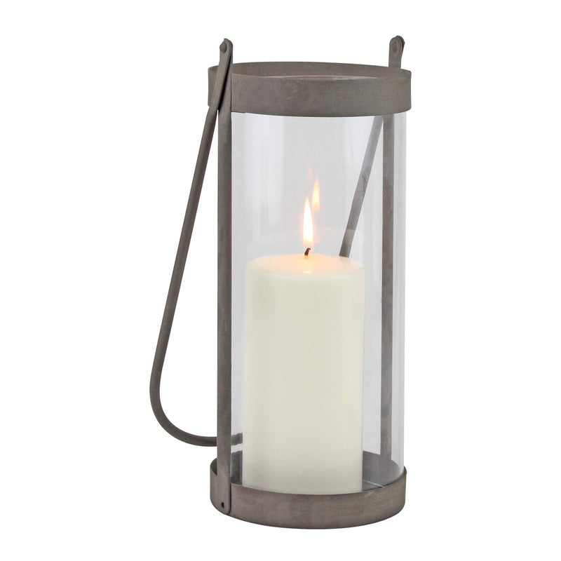 Stonebriar Industrial Glass Cylinder Hurricane Candle Lantern with Rustic Zinc Metal Frame and Handle - Image 1