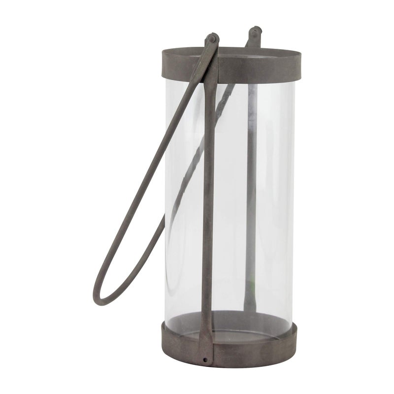 Stonebriar Industrial Glass Cylinder Hurricane Candle Lantern with Rustic Zinc Metal Frame and Handle - Image 3