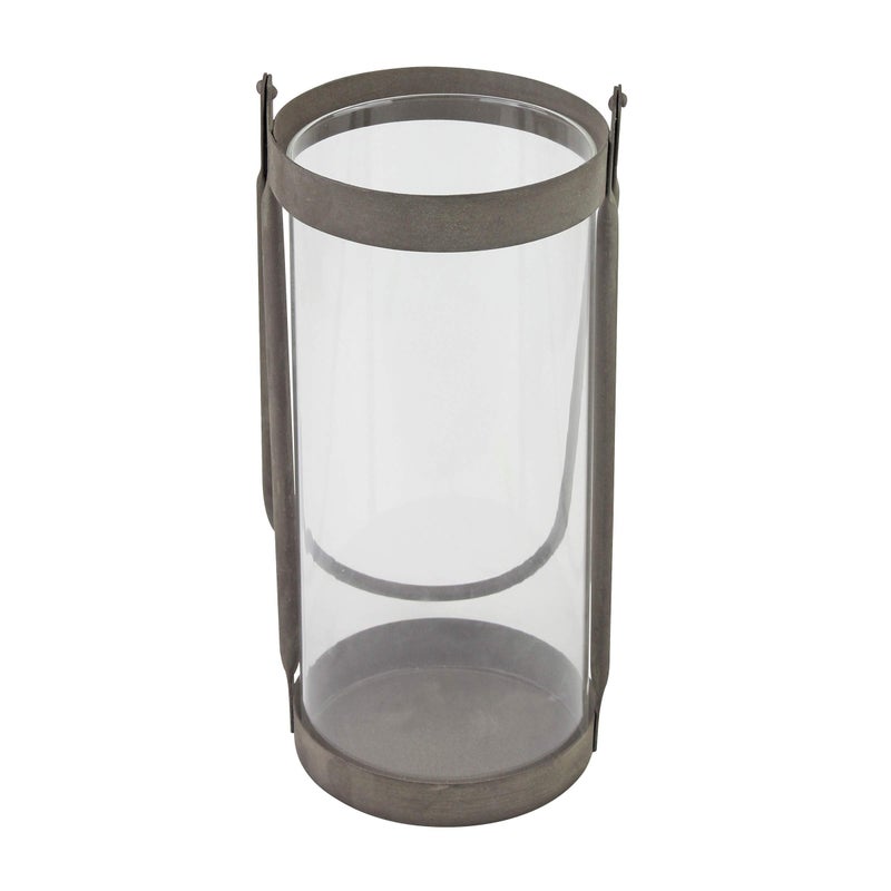 Stonebriar Industrial Glass Cylinder Hurricane Candle Lantern with Rustic Zinc Metal Frame and Handle - Image 4