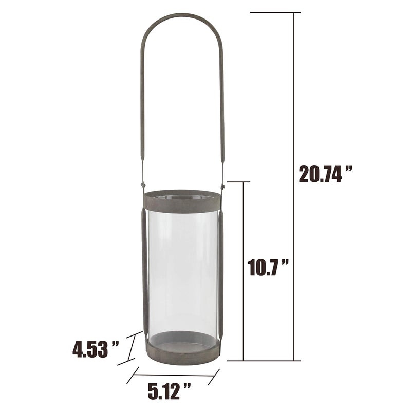 Stonebriar Industrial Glass Cylinder Hurricane Candle Lantern with Rustic Zinc Metal Frame and Handle - Image 5