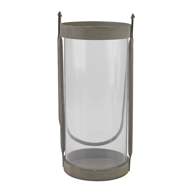 Stonebriar Industrial Glass Cylinder Hurricane Candle Lantern with Rustic Zinc Metal Frame and Handle - Image 2