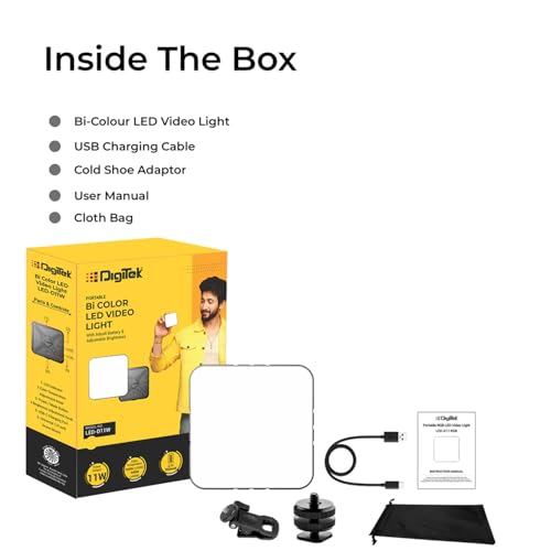Digitek (LED-D11W) Mini 11W Bi-Color LED Video Light with 120° Beam Angle, 2000mAh Battery, Brightness Adjustment, 2500K–9900K, Type-C Charging, 1/4" Mount, 40 LEDs Bulbs, for Vlogs & Live Streaming - Image 2