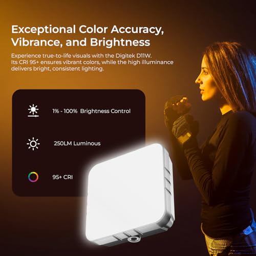 Digitek (LED-D11W) Mini 11W Bi-Color LED Video Light with 120° Beam Angle, 2000mAh Battery, Brightness Adjustment, 2500K–9900K, Type-C Charging, 1/4" Mount, 40 LEDs Bulbs, for Vlogs & Live Streaming - Image 5