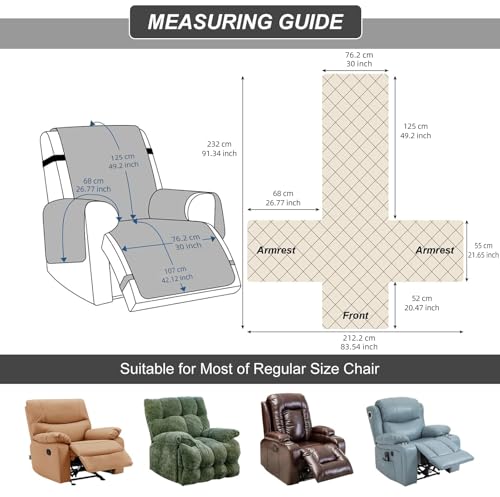 YUEANG 100% Waterproof Recliner Chair Cover, Recliner Chair Covers for Reclining Chair, Non-Slip Fabric Recliner Couch Cover for Living Room, for Pets Kids Protector, Washable (Beige, 30") - Image 2