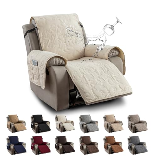 YUEANG 100% Waterproof Recliner Chair Cover, Recliner Chair Covers for Reclining Chair, Non-Slip Fabric Recliner Couch Cover for Living Room, for Pets Kids Protector, Washable (Beige, 30") - Image 1