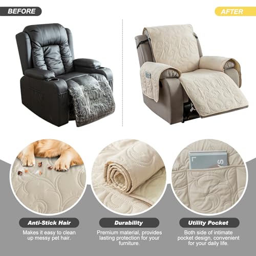 YUEANG 100% Waterproof Recliner Chair Cover, Recliner Chair Covers for Reclining Chair, Non-Slip Fabric Recliner Couch Cover for Living Room, for Pets Kids Protector, Washable (Beige, 30") - Image 5