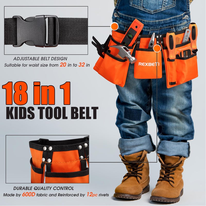 REXBETI REXBETI 18pcs Young Builder's Tool Set with Real Hand Tools, Reinforced Kids Tool Belt, Waist 20"-32", Kids Learning Tool Kit for Home DIY and Woodworking  - Image 3