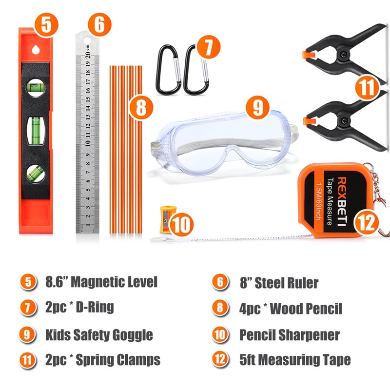 REXBETI REXBETI 18pcs Young Builder's Tool Set with Real Hand Tools, Reinforced Kids Tool Belt, Waist 20"-32", Kids Learning Tool Kit for Home DIY and Woodworking  - Image 5