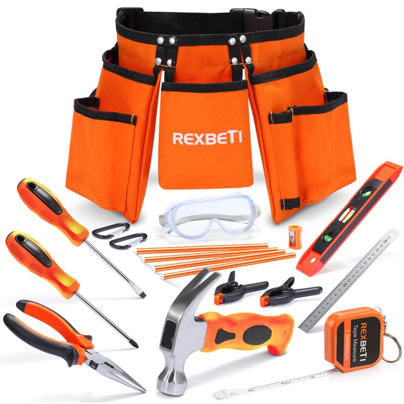REXBETI REXBETI 18pcs Young Builder's Tool Set with Real Hand Tools, Reinforced Kids Tool Belt, Waist 20"-32", Kids Learning Tool Kit for Home DIY and Woodworking  - Image 1