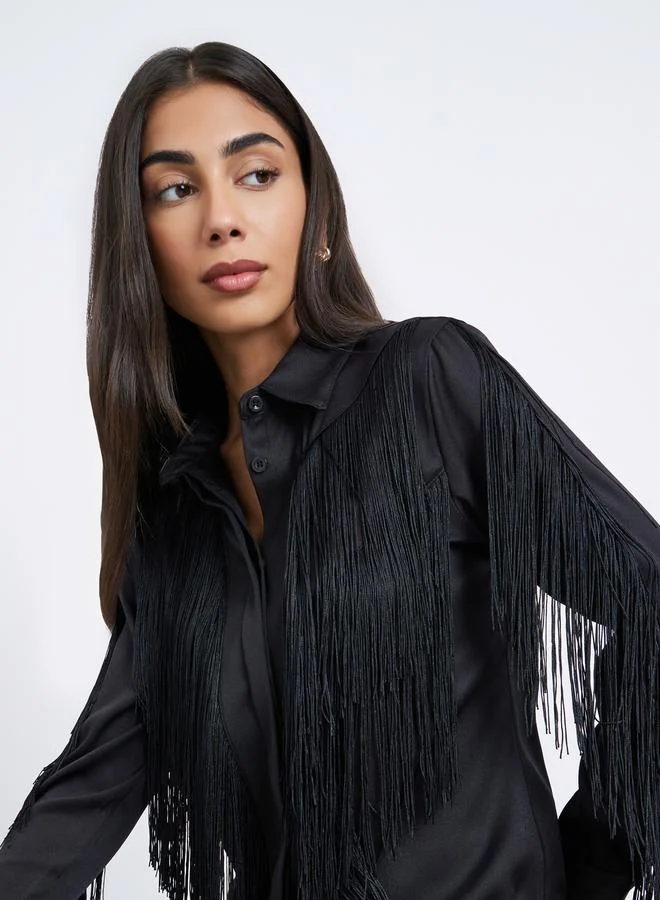 Styli Styli Black Fringe Shirt with Concealed Placket