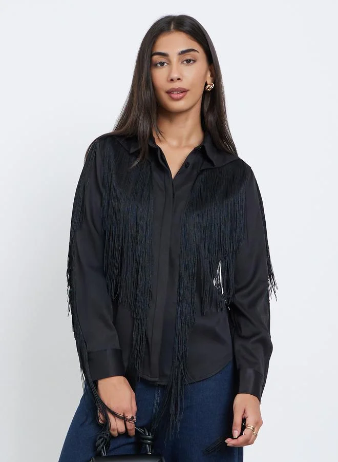 Styli Styli Black Fringe Shirt with Concealed Placket