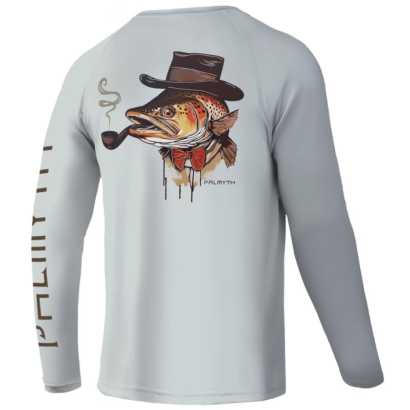 Palmyth Fishing Shirts for Men Long Sleeve UPF 50 T Shirt Sun Protection Tee GrayBig Trout 4XL - Image 2