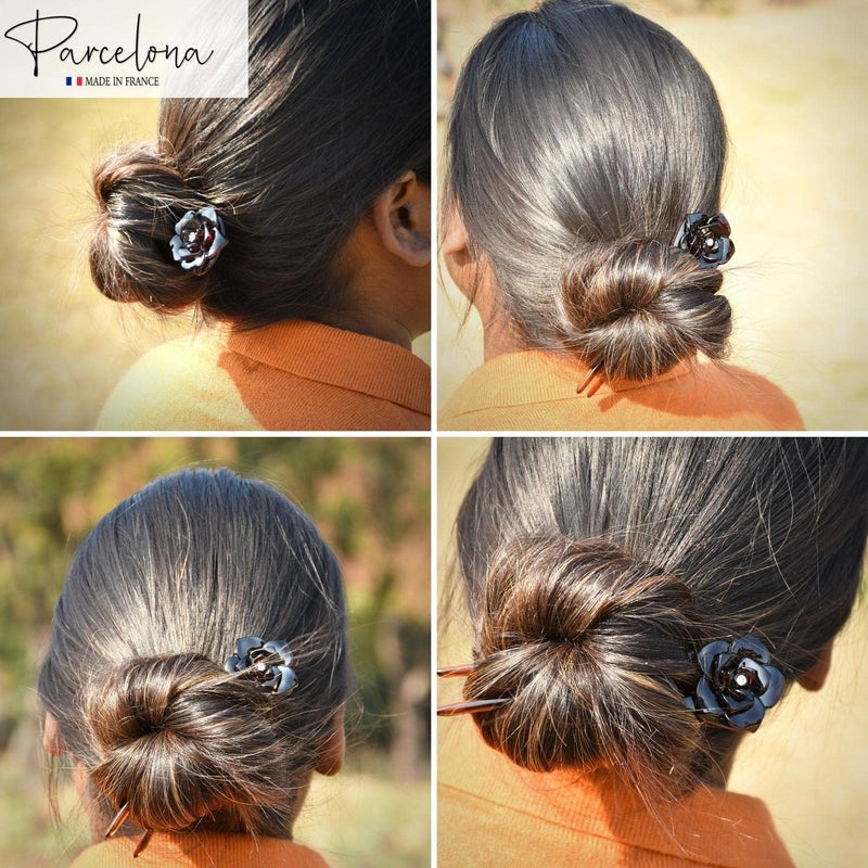 Parcelona French Large 5 UShaped Crystal Tortoise Shell Brown Celluloid 2Prong French Twist Stick Clip Pins Flower Hair Pin Hair Fork for Girls Spiral Updo Bun Holder Fashion Flexible Durable Styling Paris Hair Accessories for Women Made in France - Image 3