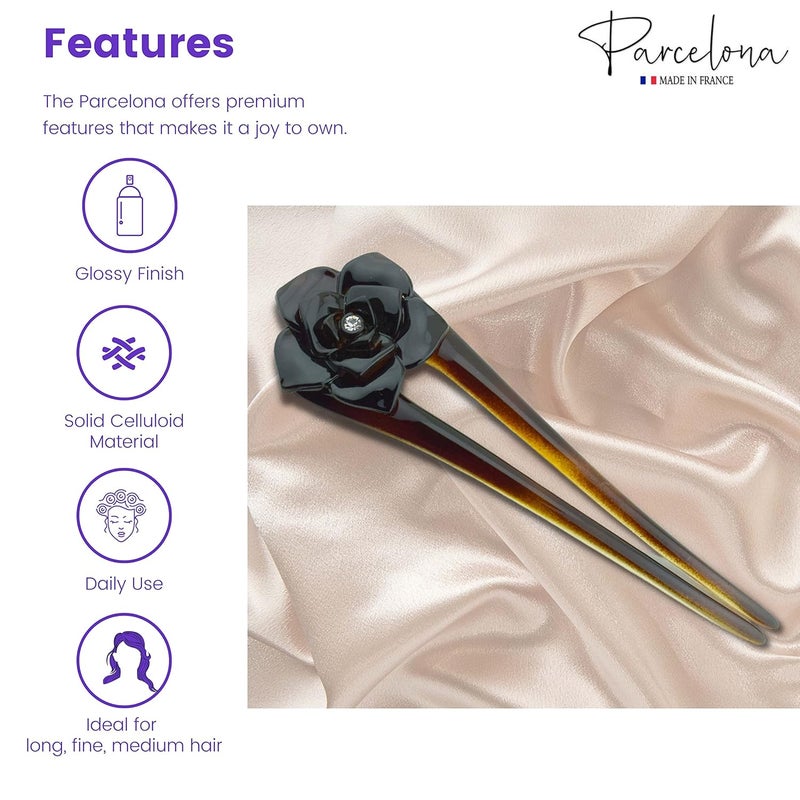 Parcelona French Large 5 UShaped Crystal Tortoise Shell Brown Celluloid 2Prong French Twist Stick Clip Pins Flower Hair Pin Hair Fork for Girls Spiral Updo Bun Holder Fashion Flexible Durable Styling Paris Hair Accessories for Women Made in France - Image 4