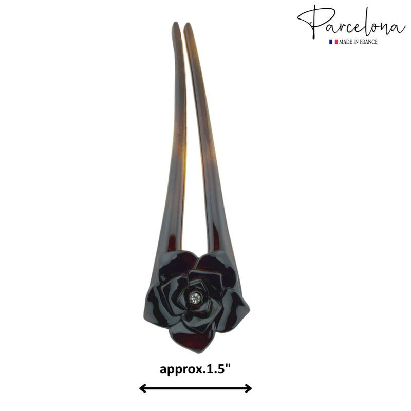 Parcelona French Large 5 UShaped Crystal Tortoise Shell Brown Celluloid 2Prong French Twist Stick Clip Pins Flower Hair Pin Hair Fork for Girls Spiral Updo Bun Holder Fashion Flexible Durable Styling Paris Hair Accessories for Women Made in France - Image 5