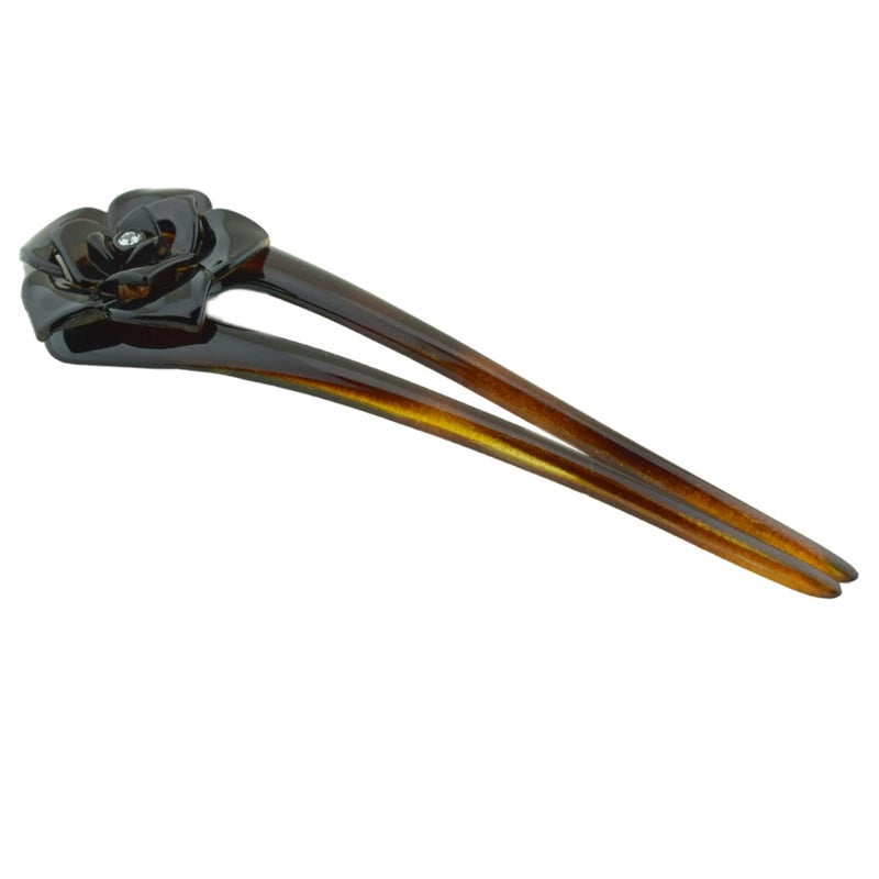 Parcelona French Large 5 UShaped Crystal Tortoise Shell Brown Celluloid 2Prong French Twist Stick Clip Pins Flower Hair Pin Hair Fork for Girls Spiral Updo Bun Holder Fashion Flexible Durable Styling Paris Hair Accessories for Women Made in France - Image 1