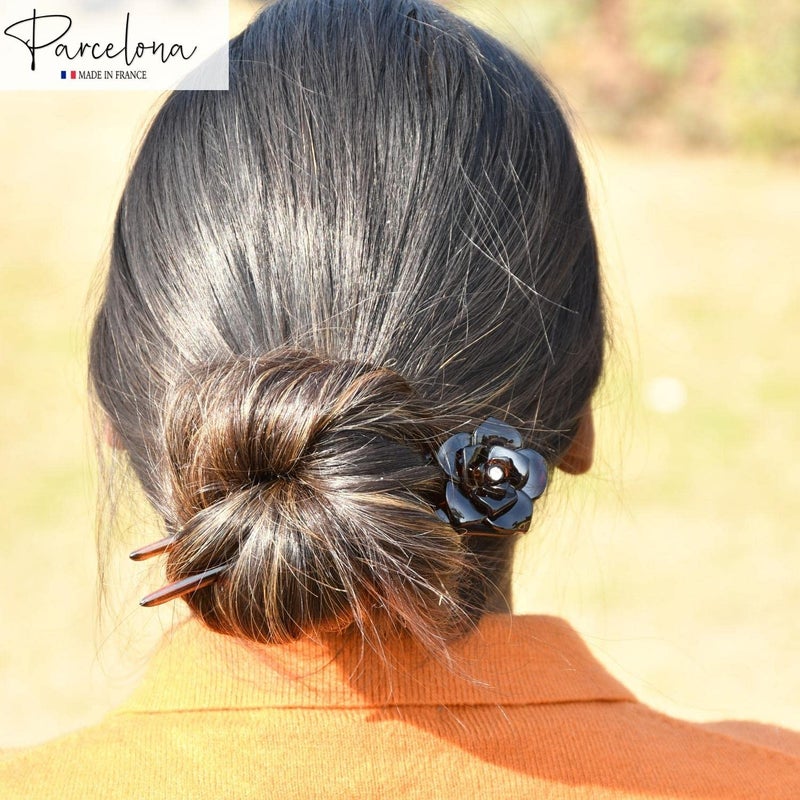 Parcelona French Large 5 UShaped Crystal Tortoise Shell Brown Celluloid 2Prong French Twist Stick Clip Pins Flower Hair Pin Hair Fork for Girls Spiral Updo Bun Holder Fashion Flexible Durable Styling Paris Hair Accessories for Women Made in France - Image 2