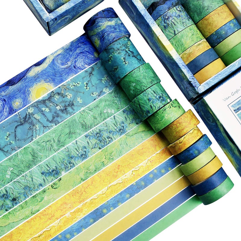DAPUTOU Washi Tape Set of 12 RollsVan Gogh Starry Night Decorative Green Leaves Floral Blue Yellow Washi Masking Tape Sets for CraftKidsScrapbookDIYGift WrappingYellow - Image 3