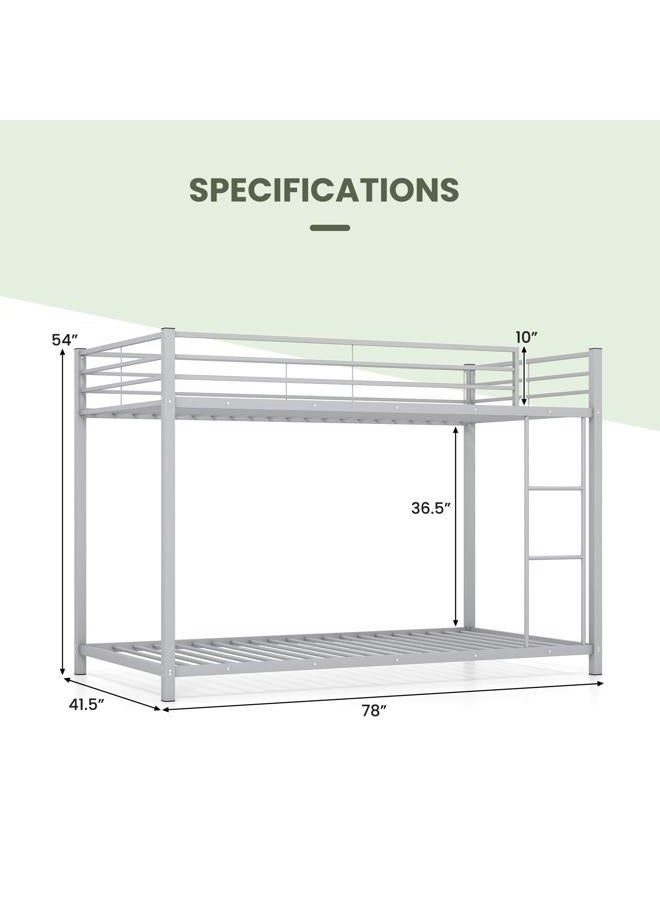 KOMFOTT Metal Low Bunk Bed Twin Over Twin, Heavy Duty Bunk Bed Frame with Ladder & Full-Length Guardrails, Metal Slatted Floor Bed Frame for Teens & Adults, No Box Spring Needed - Image 4
