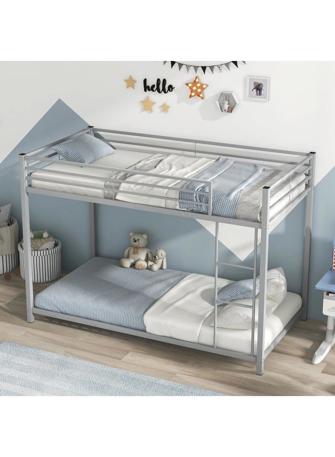 KOMFOTT Metal Low Bunk Bed Twin Over Twin, Heavy Duty Bunk Bed Frame with Ladder & Full-Length Guardrails, Metal Slatted Floor Bed Frame for Teens & Adults, No Box Spring Needed - Image 1
