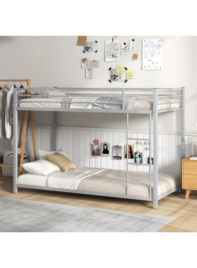 KOMFOTT Metal Low Bunk Bed Twin Over Twin, Heavy Duty Bunk Bed Frame with Ladder & Full-Length Guardrails, Metal Slatted Floor Bed Frame for Teens & Adults, No Box Spring Needed - Image 3