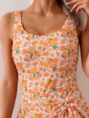 Eomenie One Piece Swimdress Swimsuits for Women Tummy Control Swim Dresses Skirt Bathing Suit Orange Floral - Image 5