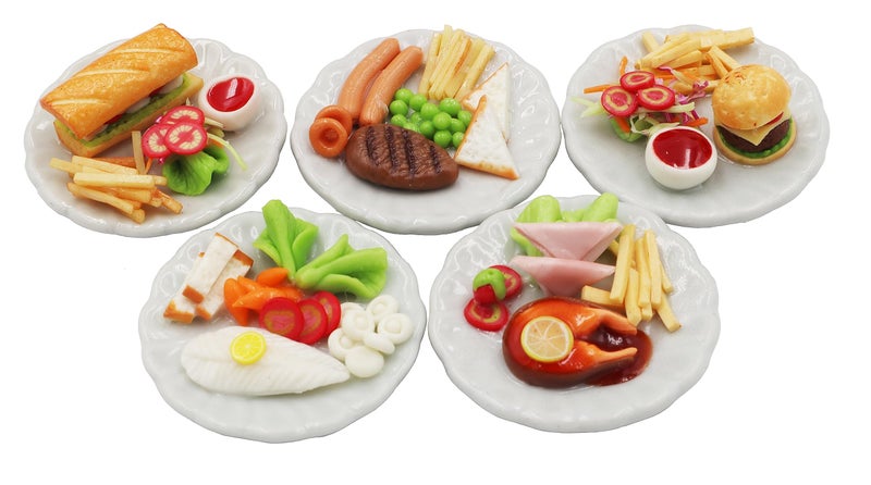 ThaiHonest 5 Pcs Dollhouse Miniature Food Set  Handmade Clay Salmon Steak Burger Subway  Beef Steak on Ceramic Plates 13 Inch 16 Scale for Dollhouse Kitchen Table Dcor  Collectibles - Image 2