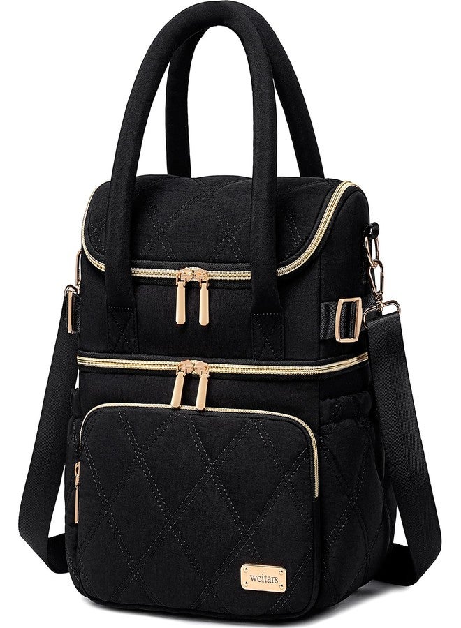 Weitars Lunch Bag for Women Men,Double Deck Lunch Box for Women,Quilted Lunch Tote for Work,Insulated Lunch Cooler Leakproof Lunchbox for Adult with Shoulder Strap &Pockets for Picnic Hiking (Black) - Image 1