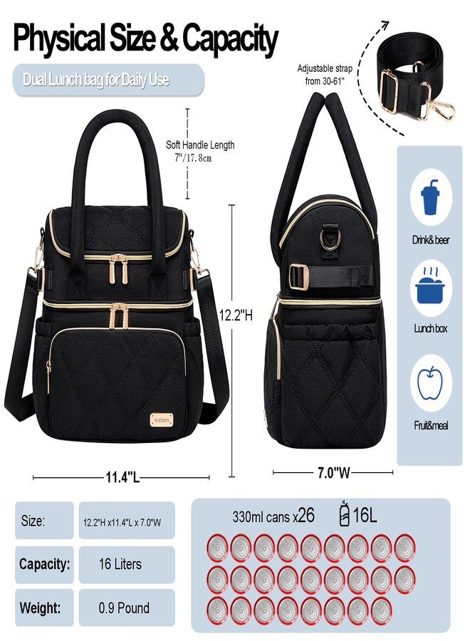 Weitars Lunch Bag for Women Men,Double Deck Lunch Box for Women,Quilted Lunch Tote for Work,Insulated Lunch Cooler Leakproof Lunchbox for Adult with Shoulder Strap &Pockets for Picnic Hiking (Black) - Image 5