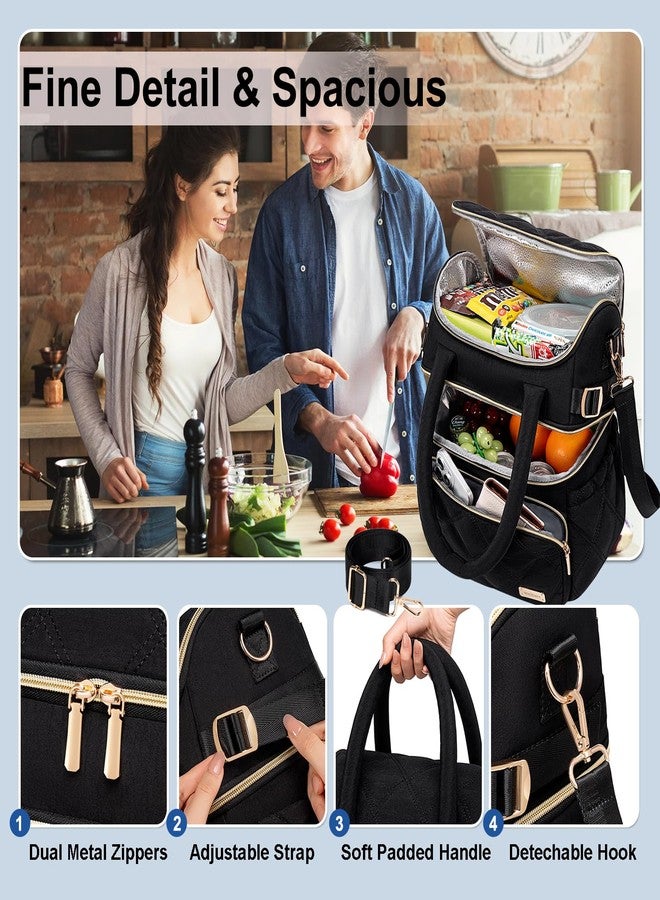 Weitars Lunch Bag for Women Men,Double Deck Lunch Box for Women,Quilted Lunch Tote for Work,Insulated Lunch Cooler Leakproof Lunchbox for Adult with Shoulder Strap &Pockets for Picnic Hiking (Black) - Image 3