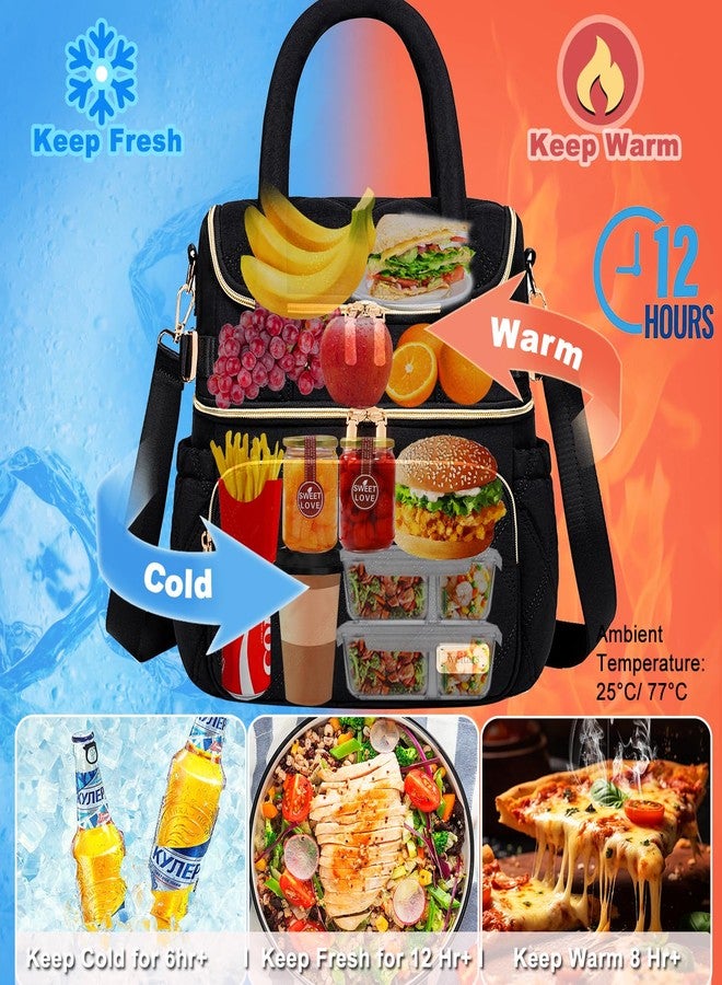 Weitars Lunch Bag for Women Men,Double Deck Lunch Box for Women,Quilted Lunch Tote for Work,Insulated Lunch Cooler Leakproof Lunchbox for Adult with Shoulder Strap &Pockets for Picnic Hiking (Black) - Image 4