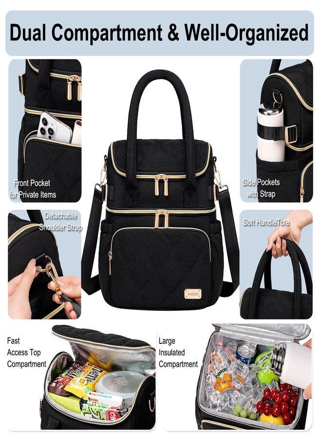 Weitars Lunch Bag for Women Men,Double Deck Lunch Box for Women,Quilted Lunch Tote for Work,Insulated Lunch Cooler Leakproof Lunchbox for Adult with Shoulder Strap &Pockets for Picnic Hiking (Black) - Image 2