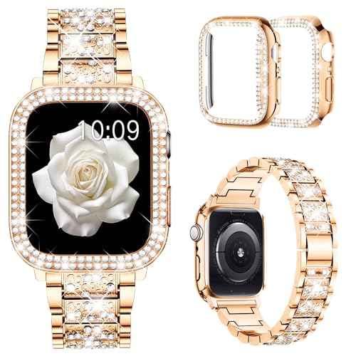 Mosonio Compatible with Apple Watch Band 42mm S11/S10 with Case Women, Jewelry Replacement Metal Wristband with 2 Pack Bling PC Protective Cover for iWatch Series 11/10(42mm,Rose Gold) - Image 1