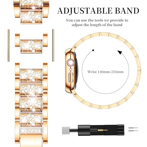 Mosonio Compatible with Apple Watch Band 42mm S11/S10 with Case Women, Jewelry Replacement Metal Wristband with 2 Pack Bling PC Protective Cover for iWatch Series 11/10(42mm,Rose Gold) - Image 5