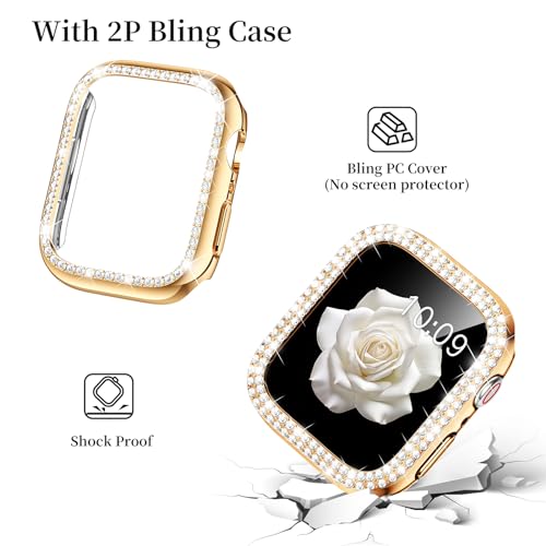 Mosonio Compatible with Apple Watch Band 42mm S11/S10 with Case Women, Jewelry Replacement Metal Wristband with 2 Pack Bling PC Protective Cover for iWatch Series 11/10(42mm,Rose Gold) - Image 4