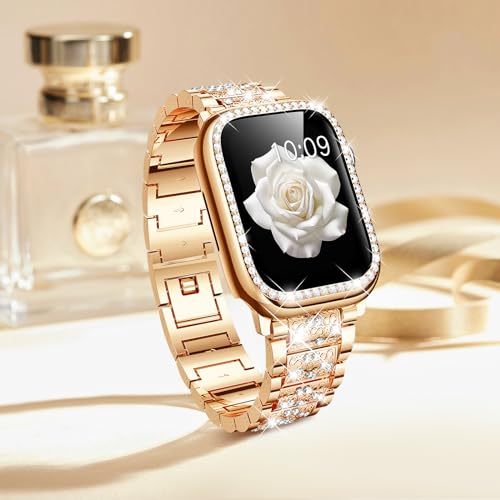 Mosonio Compatible with Apple Watch Band 42mm S11/S10 with Case Women, Jewelry Replacement Metal Wristband with 2 Pack Bling PC Protective Cover for iWatch Series 11/10(42mm,Rose Gold) - Image 3