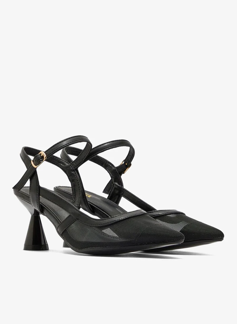 ELLA BLACK/BEIGE Pointed Polka Dot Side Strap Ankle Strap Pump for Women | Best Price UAE