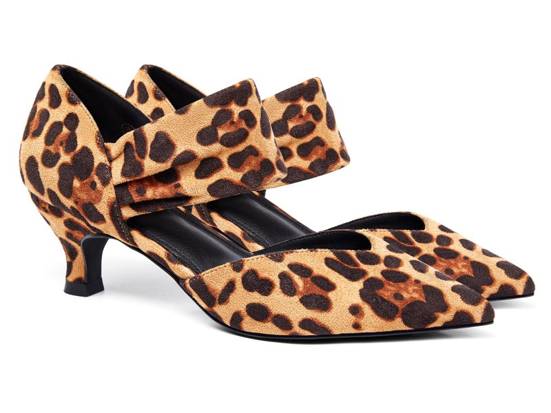 Coutgo Womens Low Kitten Heel Dress Shoes Pointed Toe Slip on Ankle Strap Cutout Elegant Party Wedding Pumps, Leopard, Size 8 - Image 1