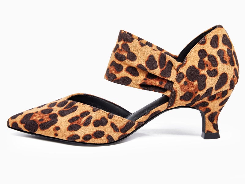 Coutgo Womens Low Kitten Heel Dress Shoes Pointed Toe Slip on Ankle Strap Cutout Elegant Party Wedding Pumps, Leopard, Size 8 - Image 2