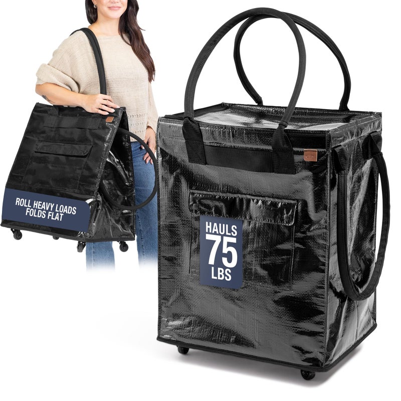 CleverMade Hauler Rolling Tote Bag, 90L Collapsible Portable Shopping Cart with Wheels for Groceries, Laundry, Organization â€“ Heavy Duty Utility Tote with 75 lb Capacity, Basket with Wheels, Black - Image 1