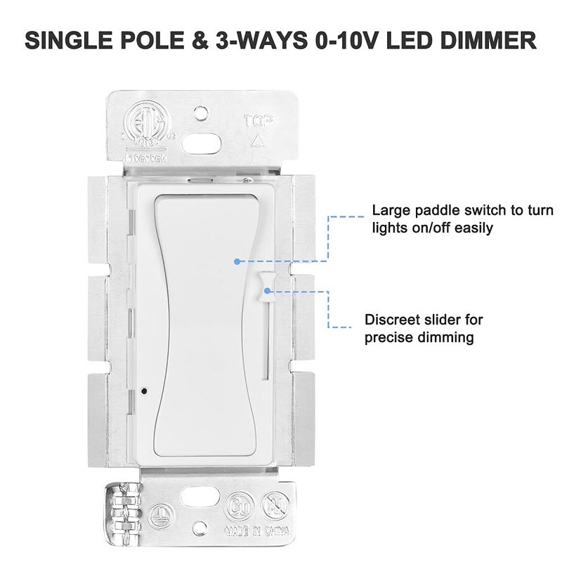KEYGMA 0-10V LED Dimmer Switch, Low Voltage Dimmer Switch for Dimmable LED Lights, CFL, Halogen and Incandescent Bulbs, Single-Pole or 3-Way, Wallplate Included, ETL Listed (White, 4 Pack) - Image 3