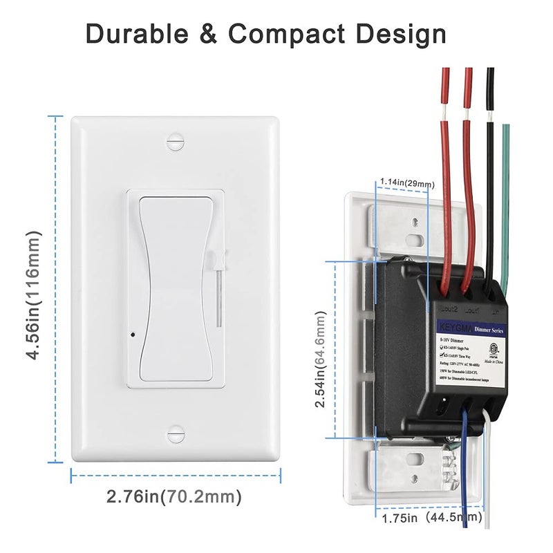KEYGMA 0-10V LED Dimmer Switch, Low Voltage Dimmer Switch for Dimmable LED Lights, CFL, Halogen and Incandescent Bulbs, Single-Pole or 3-Way, Wallplate Included, ETL Listed (White, 4 Pack) - Image 4