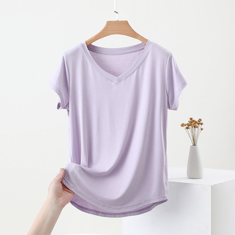 Modal Plus Size Mask V-Neck Bat Short-Sleeved T-Shirt Women'S All-Match Summer Loose Thin Base Shirt Outer Wear Top - Image 3