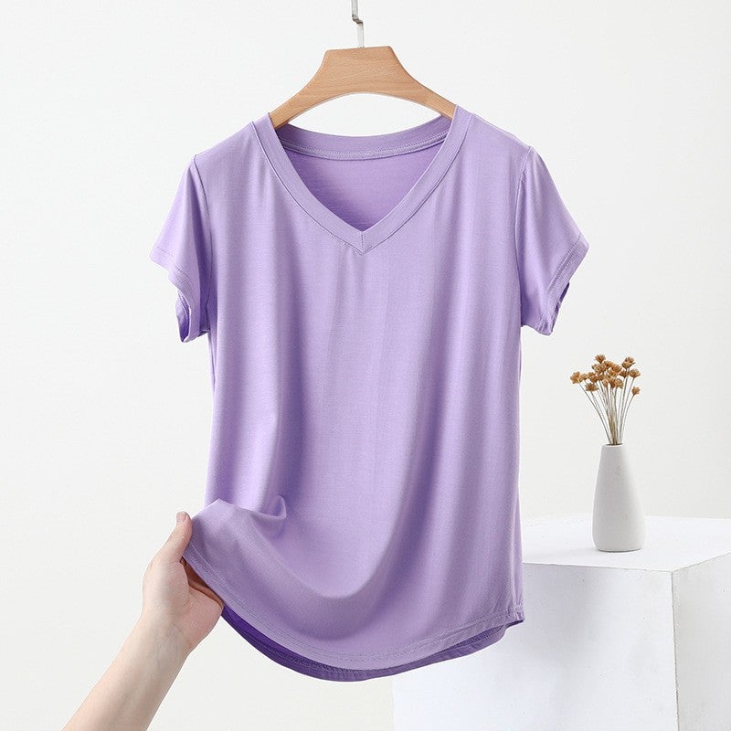 Modal Plus Size Mask V-Neck Bat Short-Sleeved T-Shirt Women'S All-Match Summer Loose Thin Base Shirt Outer Wear Top - Image 1