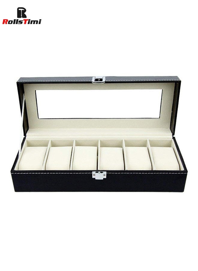 رولستيمي 6 فتحات ووتش صناديق ، مستطيل الساعات عرض حالة مع غطاء زجاجي و الوسائد القابلة للإزالة للرجال النساء ووتش المنظم - Image 1